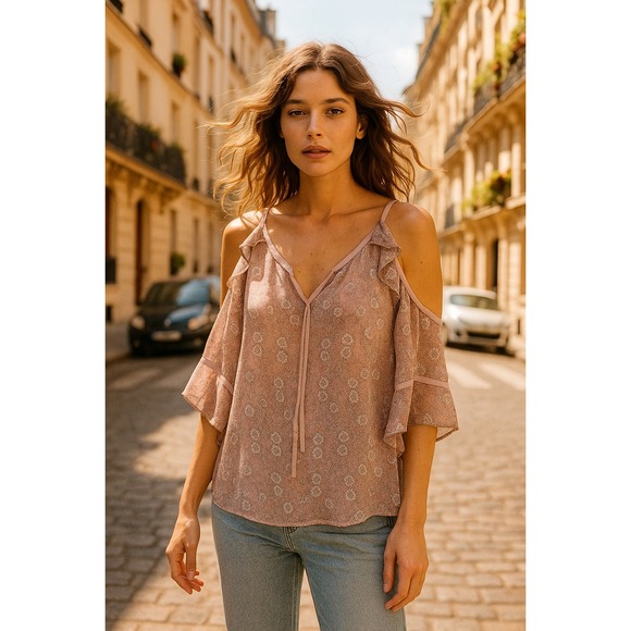 LC Lauren Conrad Tops - Lauren Conrad Pink Floral Cold Shoulder Ruffle Sleeve Tie Neck Blouse Top S